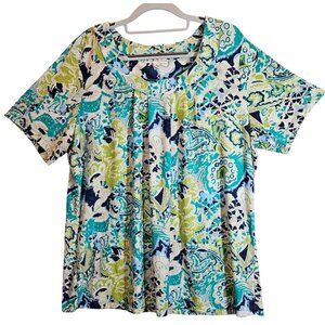 Chicos Womens XL Paisley Scoop Neck Short Sleeve Top casual office gathers